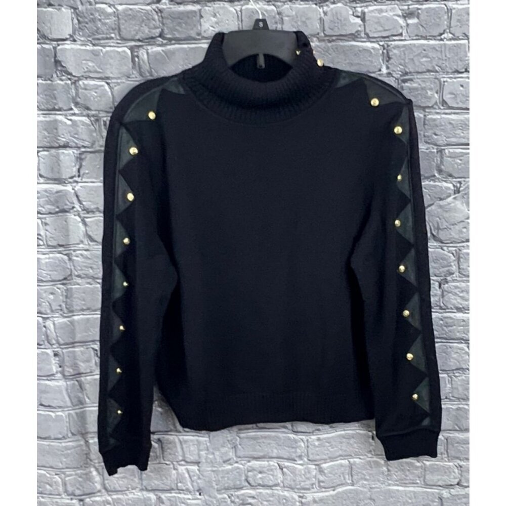 VTG St John Sportswear Sweater Size 14 Black  Turtleneck Santana Knit  Leather L - Picture 6 of 9
